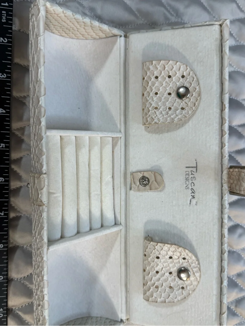 Cream Snakeskin textured Jewelry case with Silver Buckle